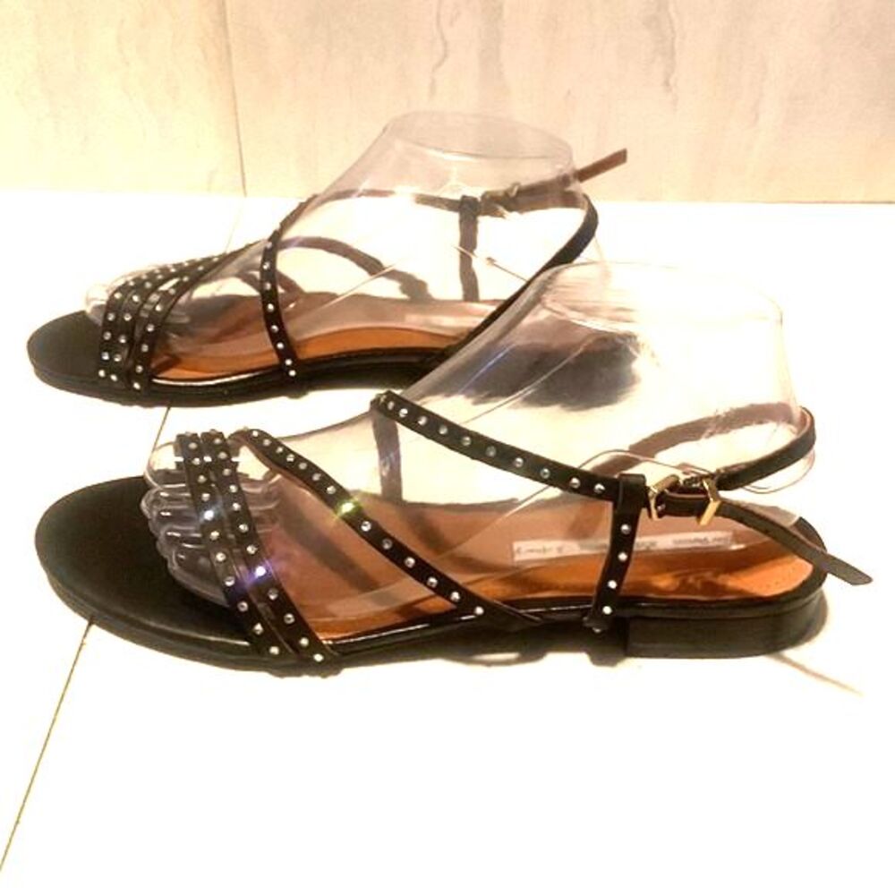 & Other Stories Strappy Flat Sandals US 9.5 Leather Black Studded Rhinestone - Picture 3 of 16